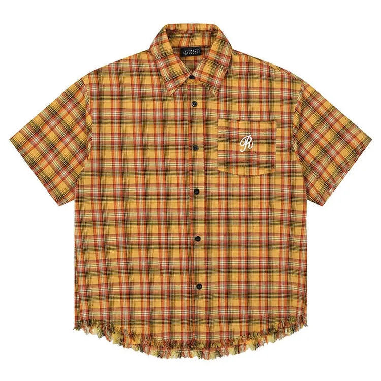 American Embroidery Pocket Yellow Short Sleeve Plaid Shirt Men And Women - Yellow