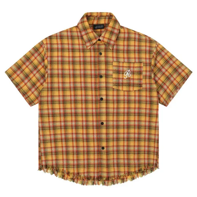 American Embroidery Pocket Yellow Short Sleeve Plaid Shirt Men And Women Yellow - Shop at LoveMi