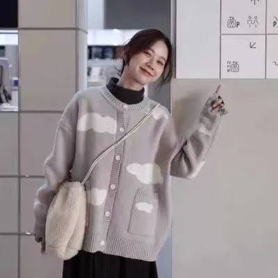 Cute Blue Cloud Autumn And Winter Loose All matching Cardigan Sweater Coat Apricot - Shop at LoveMi