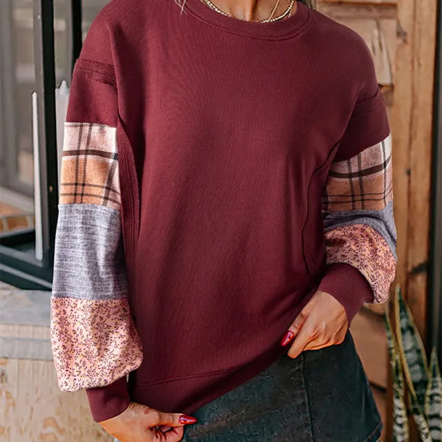 Women's Plaid Stitching Long sleeved Top Red - Shop at LoveMi