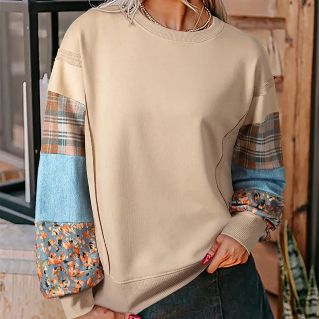 Women's Plaid Stitching Long sleeved Top Apricot - Shop at LoveMi