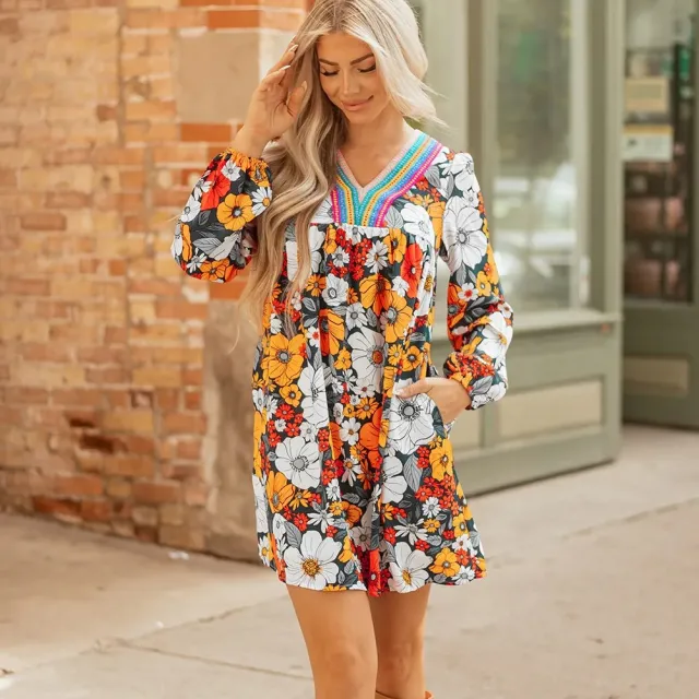 Orange Floral Print Striped Lace V Neck Long Sleeve Mini Dress Orange - Shop at LoveMi