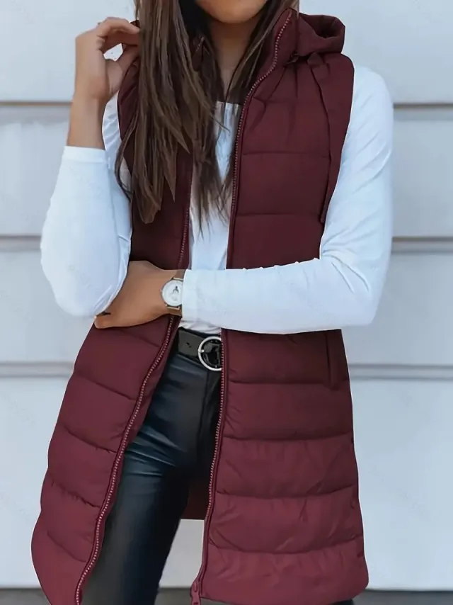 Solid Color Hooded Quilted Zipper Cotton Vest Coat Wine Red - Shop at LoveMi