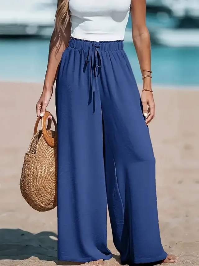 Women's Drawstring Loose Casual Wide leg Trousers Navy Blue - Shop at LoveMi