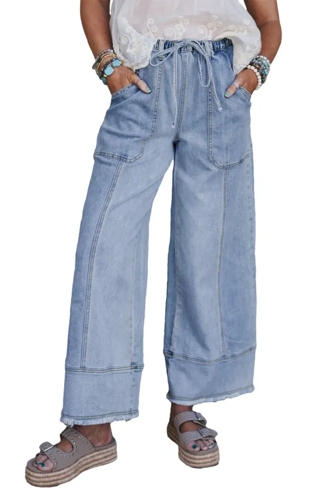Beau Blue Drawstring Seam Detail Raw Hem Wide Leg Denim Pants Beau Blue - Shop at LoveMi