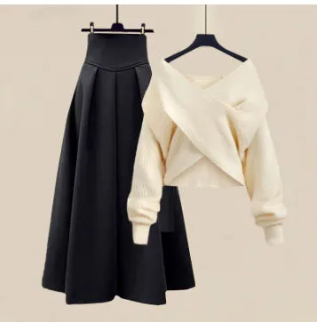 Autumn And Winter Western Style Fried Street Suit Women - Apricot Sweater Black Dress