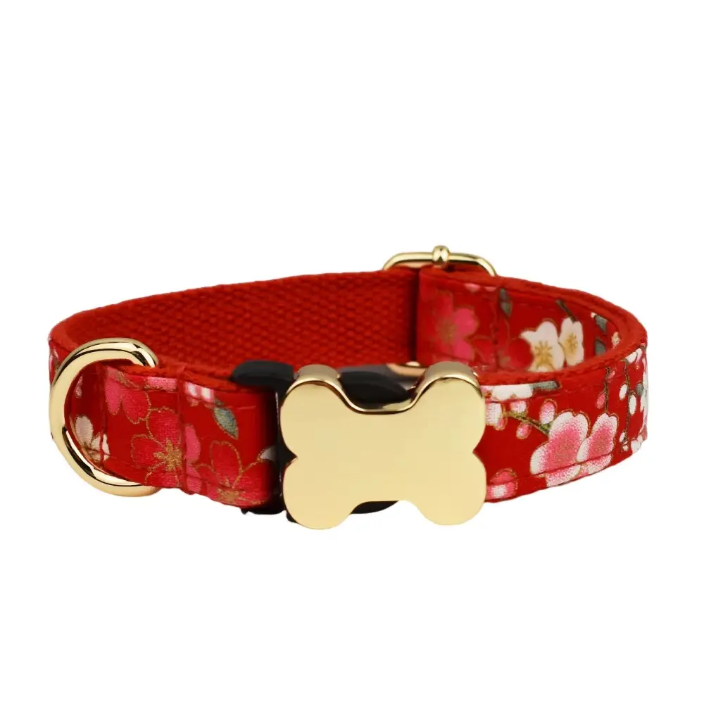 Flat Fabric Printed Grid Series Bone Buckle Dog Collar