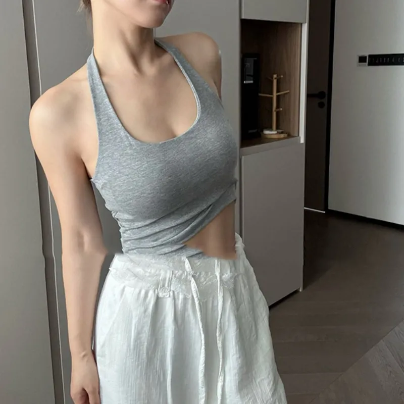 Dopamine Halter Spaghetti Straps Vest Female Summer With Chest Pad Sexy Beauty Back - Gray