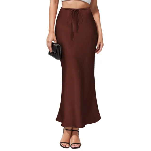 Intellectual Irregular Acetate Satin Skirt Elegant High Waist Maroon - Shop at LoveMi