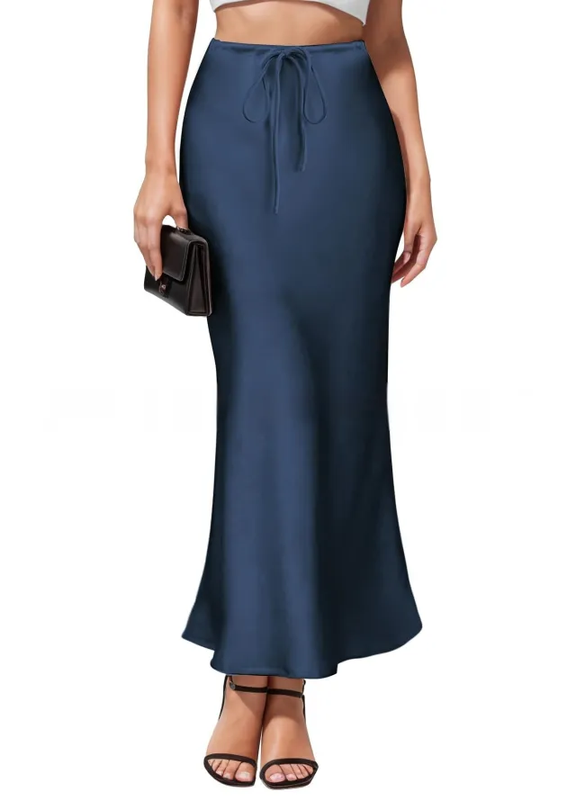 Intellectual Irregular Acetate Satin Skirt Elegant High Waist Navy Blue - Shop at LoveMi