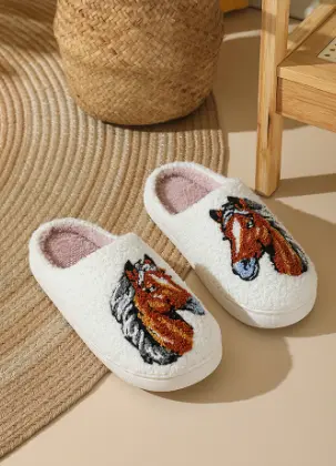 Comfortable Home Warm Cartoon Embroidery Horse Head Cotton Slippers