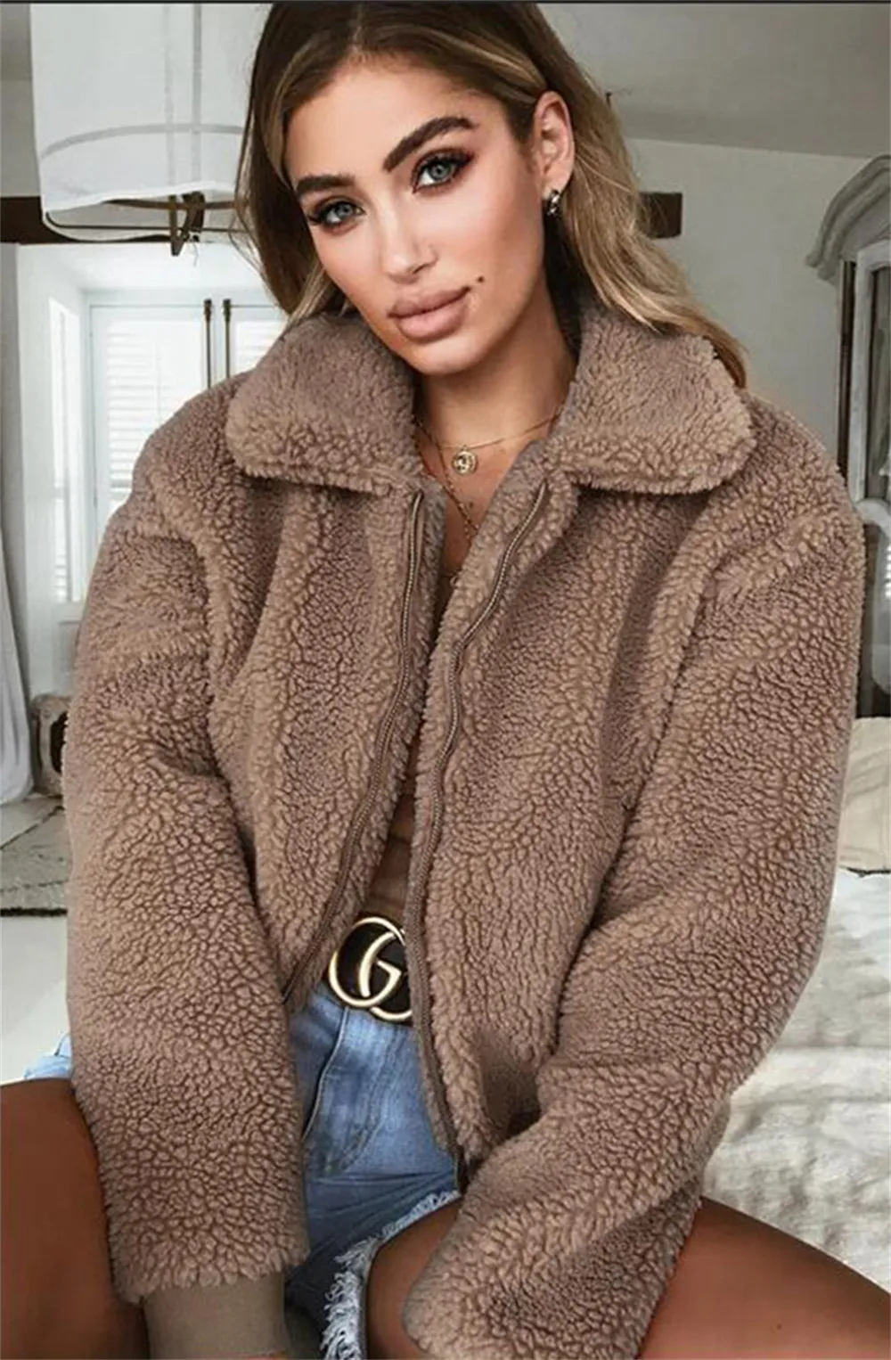 Winter Autumn Women Lapel Zipper Jacket Coat - Khaki