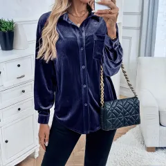 Autumn Cardigan Lapel Velvet Solid Colour Long-sleeved Shirt - Royal Blue - View 1