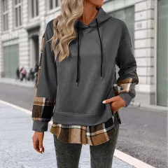 European And American Long Sleeve Plaid Colorblock Hooded Velvet Padded Sweater - Dark Grey - View 1