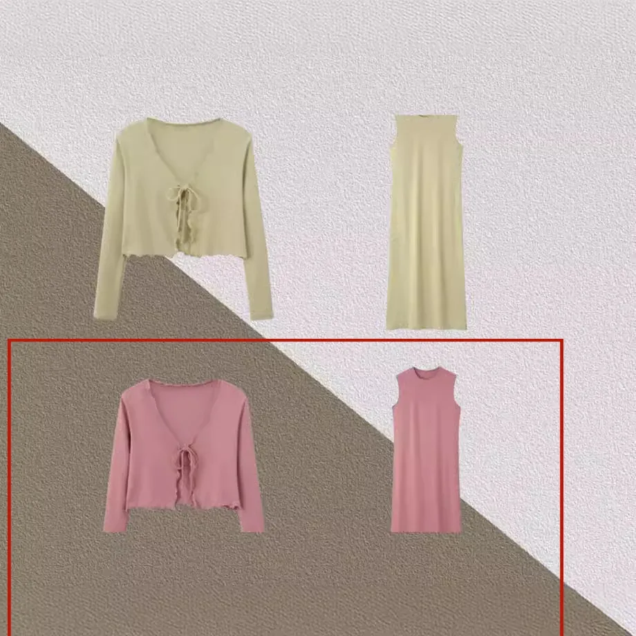 New Fashion Long Sleeve Cardigan Two-piece Set French Fairy Dress - Lotus Pink