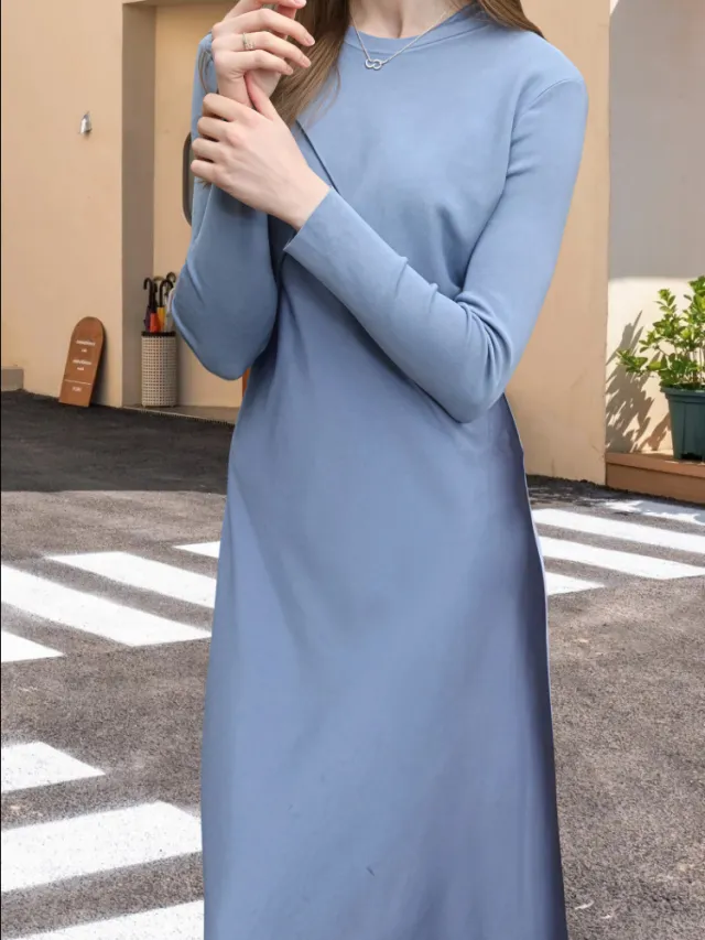 Summer New Simple Elastic Waist Dress Round Neck Crossover Tops Blue Suit - Shop at LoveMi