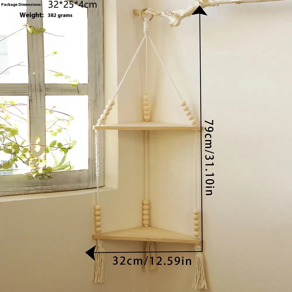 Cotton String Handmade Wooden Bead Tassel Woven Shelf Home Decoration - M01750 Double Layer