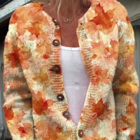 Digital Printing Cardigan Knitted Coat Yellow - Shop at LoveMi