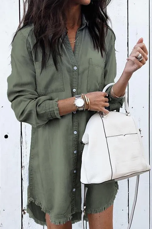 Plus Size Loose Women's Shirt Mid length Denim Shirt Army Green - Shop at LoveMi