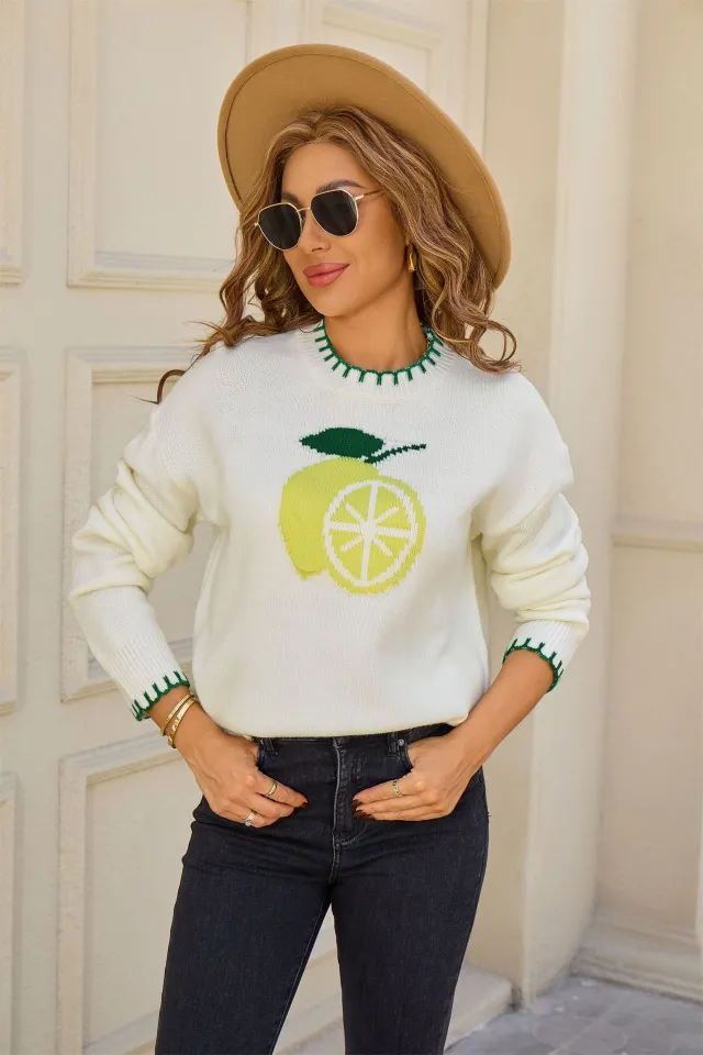 Lemon Jacquard All match Crew Neck Pullover Sweater White - Shop at LoveMi