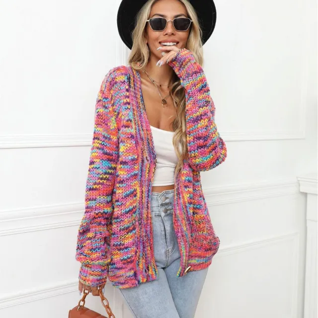 Rainbow Mixed Color Festival Dyed Short Cardigan Knitted Coat Rose Red - Shop at LoveMi