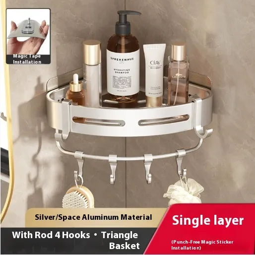 Gun Gray Bathroom Rack Triangle Wall mounted Punch free Storage Triangle Basket With Rod - Shop at LoveMi