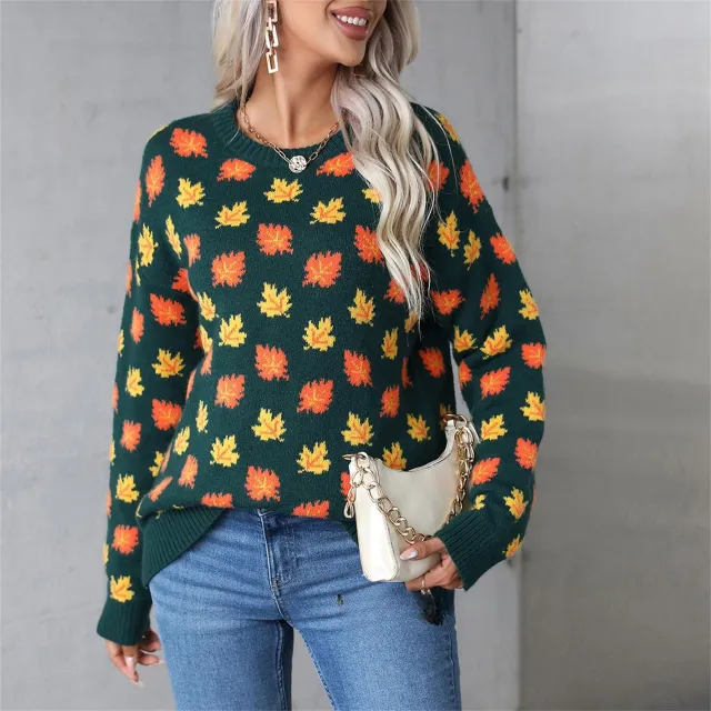 Maple Leaf Christmas Round Neck Hot Sweater Green - Shop at LoveMi
