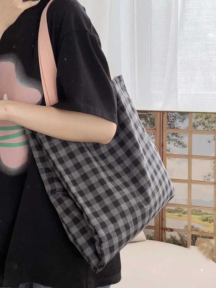 Plaid Canvas Multi-layer Tote Casual Shoulder Bag - Gray