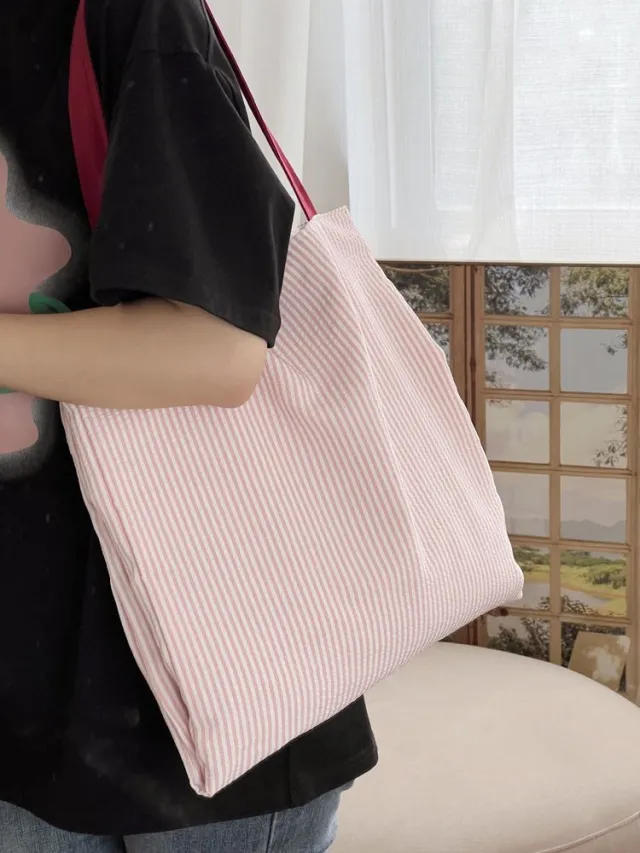 Plaid Canvas Multi layer Tote Casual Shoulder Bag Pink - Shop at LoveMi