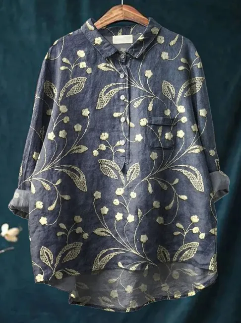 Women's Floral Long Sleeve Shirt Printing Shirt Collar Daily Casual Top - Blue