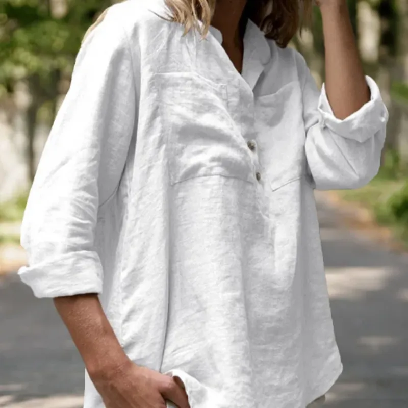 Women's Casual White Linen Blouse - White