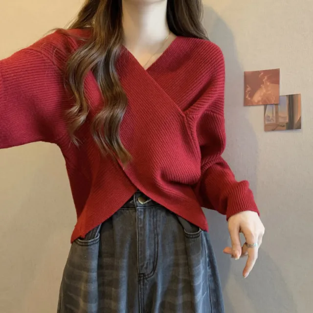 Loose Cross Sweater Women's Off shoulder Sweater Top Red - Shop at LoveMi