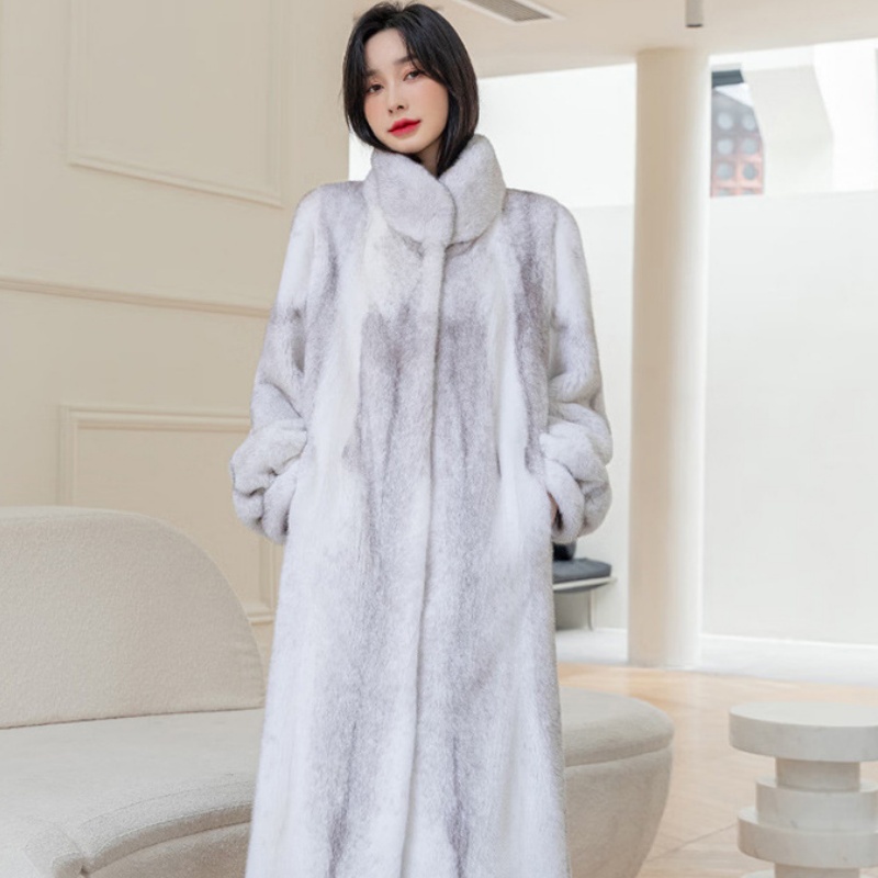 Fashionable Stylish Stand-up Collar Thermal Light Mink Fur Coat