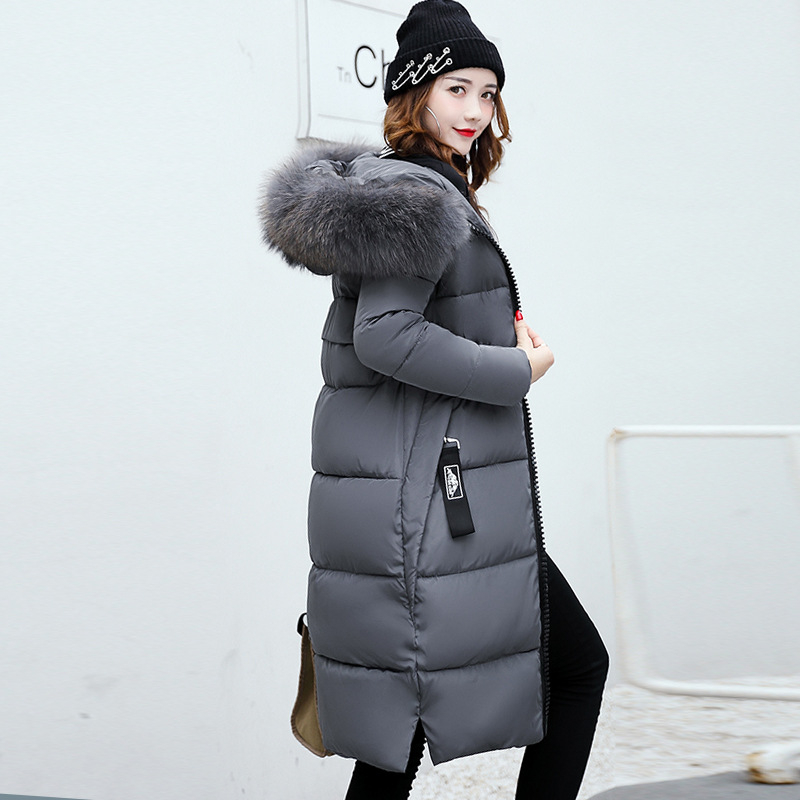 Long cotton jacket hooded big fur collar down jacket Gray - Shop at LoveMi