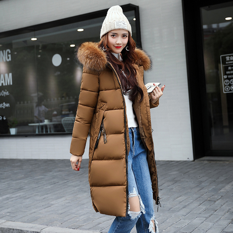 Long cotton jacket hooded big fur collar down jacket Coffee - Shop at LoveMi