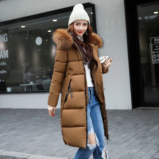 Long cotton jacket hooded big fur collar down jacket Brown - Shop at LoveMi