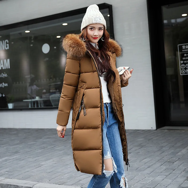 Long cotton jacket hooded big fur collar down jacket - Brown