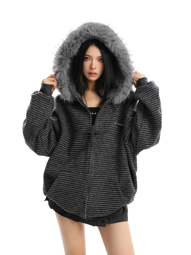 American Striped Detachable Big Fur Collar Hooded Sweater Black - Shop at LoveMi