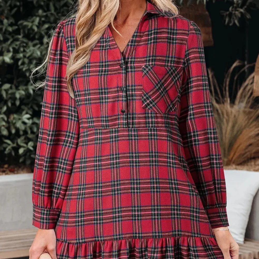 Red Plaid Shirt Collar Half Button Ruffle Hem Long Sleeve Mini Dress - Red