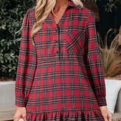 Red Plaid Shirt Collar Half Button Ruffle Hem Long Sleeve Mini Dress - Red - View 1