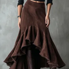 Western Brown High-Low Eco Suede Ruffle Maxi Skirt - Brown - View 1