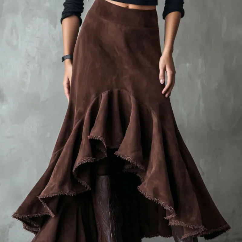 Western Brown High-Low Eco Suede Ruffle Maxi Skirt - Brown
