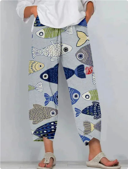 High Waist Gray Trousers Printed Stitching Loose Cropped Pants - Nck04Sx5296