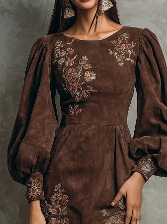 Boho Brown Puff Sleeve Floral Embroidered Suede Mini Dress