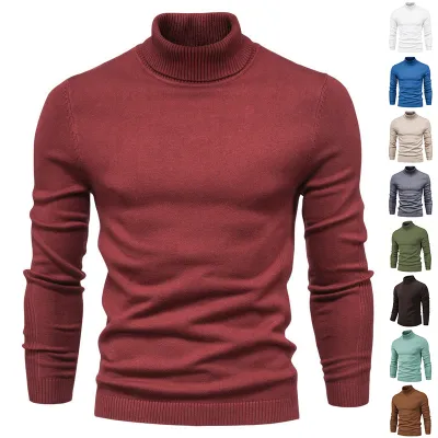 Winter Turtleneck Sweater Fashion Slim Fit Solid Color Pullover Knitted Top Men's Clothing