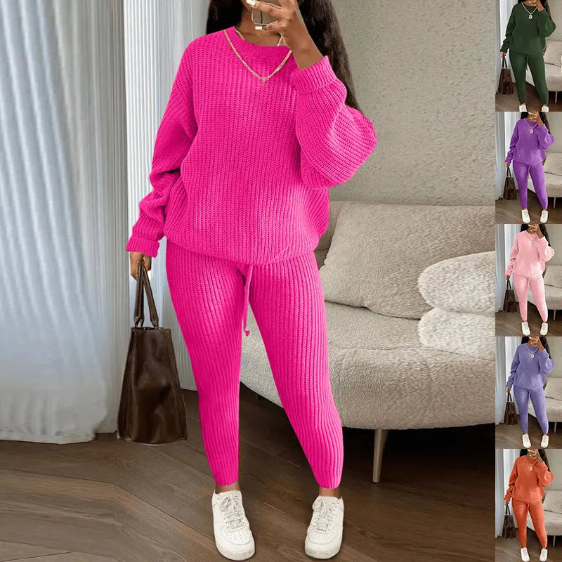 Winter Ribbed Knit Suits Fashion Loose Pullover Sweater Top And Drawstring Pants For Women Trouser Set Clothing