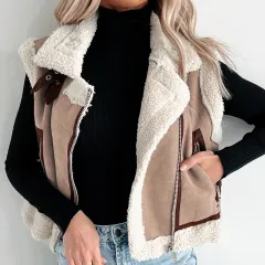 Dark Khaki Sherpa Lined Faux Suede Lapel Collar Vest - Dark Khaki - View 1