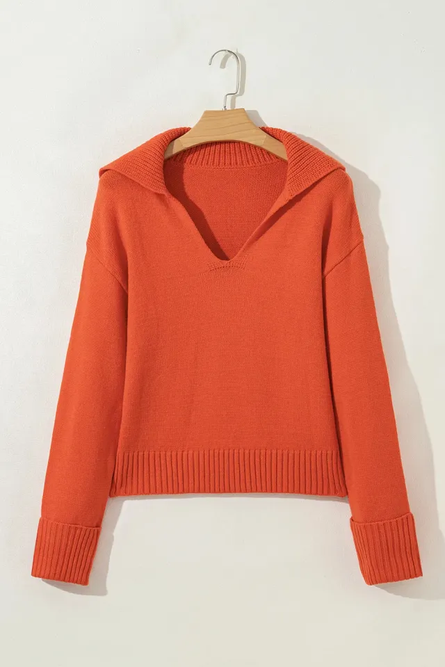 Flamingo Collared V Neck Ribbed Edge Elegant Sweater Flamingo - Shop at LoveMi