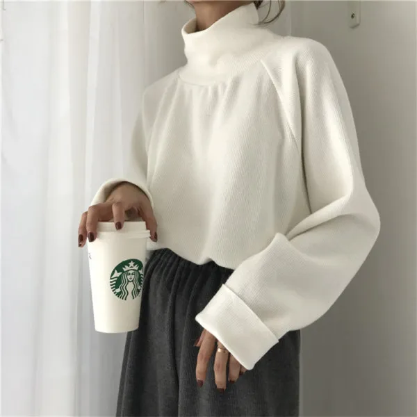 Women's Pure Color All matching Half high Collar Long Sleeves Top White - Shop at LoveMi
