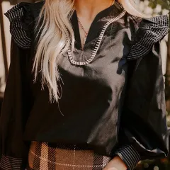 Black Contrast Stitched Detail V Neck Ruffle Long Sleeve Blouse - Black - View 1